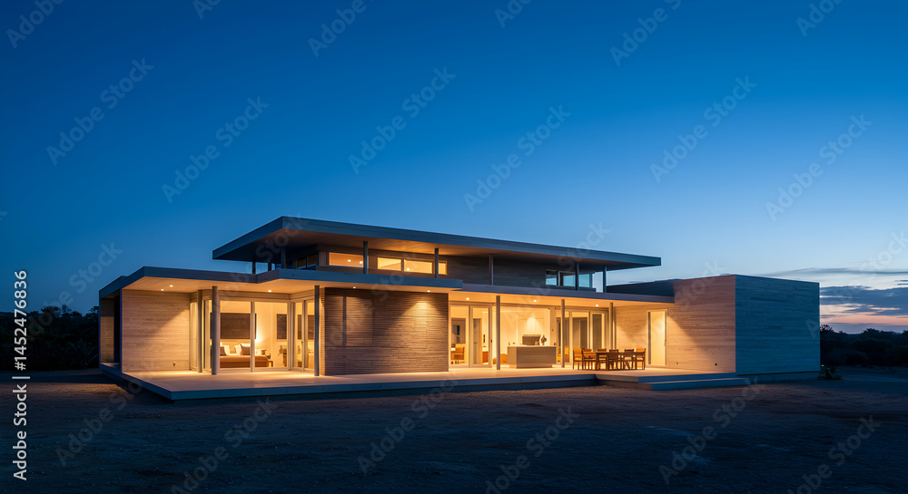 Architectural Gem At Twilight Minimalist Home Glows Against the Dusk Architectural Gem At Twilight Minimalist Home Glows Against the Dusk
