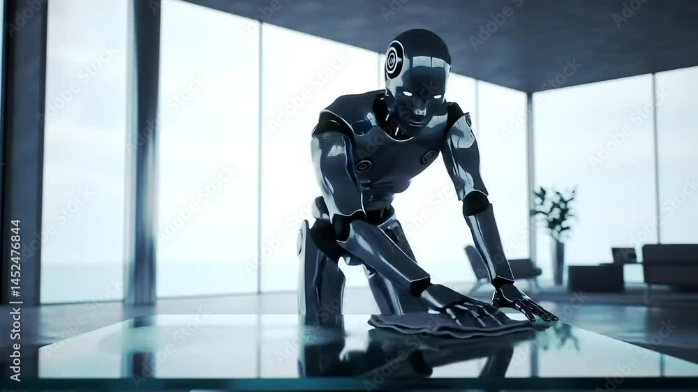 Humanoid Robot Doing Household Work in the High Tech House Humanoid Robot Doing Household Work in the High Tech House