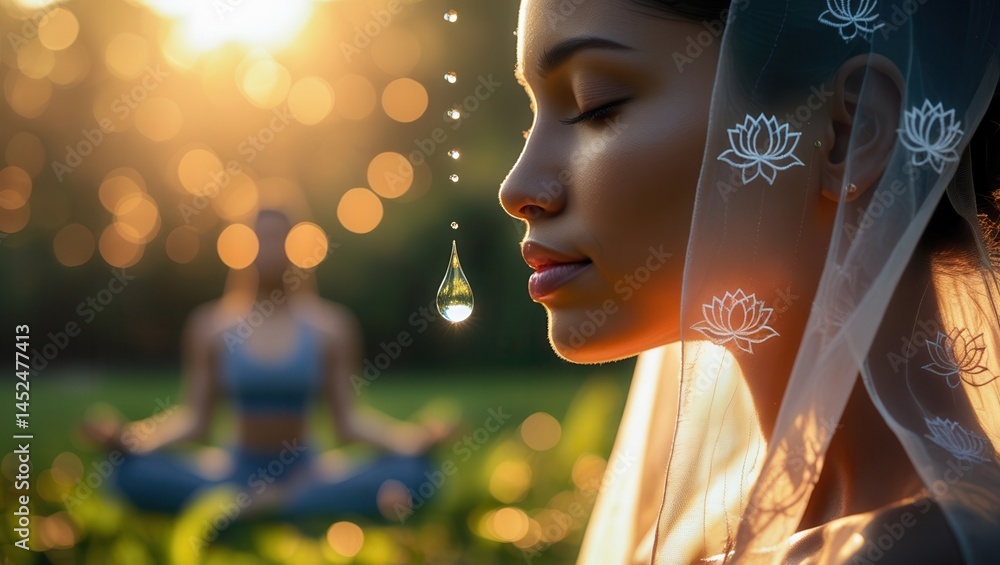 Woman meditating outdoors with water droplet and lotus-patterned veil in focus, serene nature background at sunset