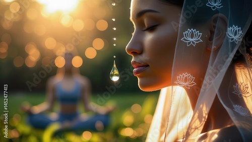 Obraz na płótnie Woman meditating outdoors with water droplet and lotus-patterned veil in focus, serene nature background at sunset w salonie