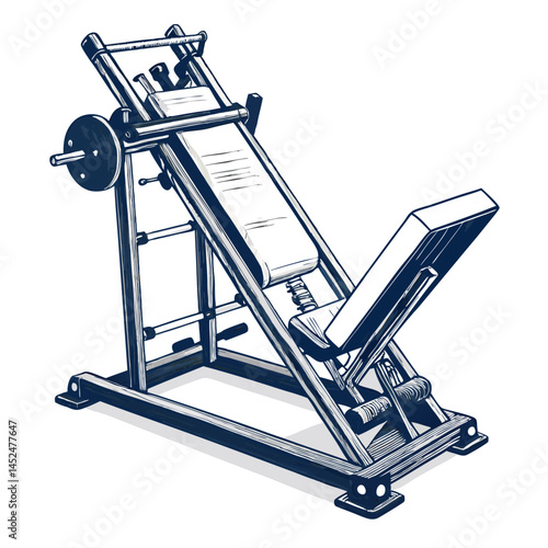 Create a bold, vector illustration of a leg press machine, emphasizing its strong, metallic structure.  Include detailed linework and sharp edges.