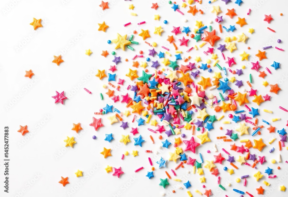 Rainbow star sprinkles scattered on white background, pastel, multi colored Rainbow star sprinkles scattered on white background, pastel, multi colored