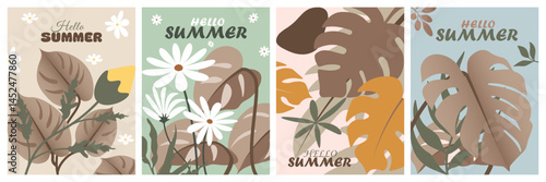 Summer conscept greeting cards set plants, leaves, flowers stalk. Minimalist style celebration invitetion template poster, covers, ads, branding, labels, print drawing element.