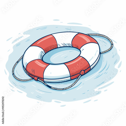Create a vector illustration of a bold, thick-stroked lifebuoy ring float, emphasizing its circular shape and rope detailing.  Include high contrast.