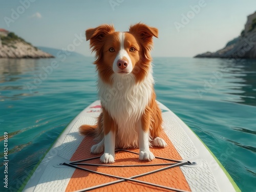 Obraz na płótnie Adorable brown and white dog sitting on a paddleboard in calm turquoise water on a sunny day w salonie