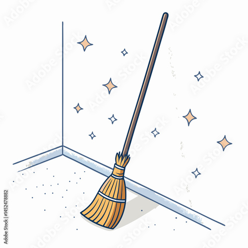 Create a vector illustration of a bold, leaning magic broom with a thick, dark stroke.  Include detailed texture and a whimsical style.