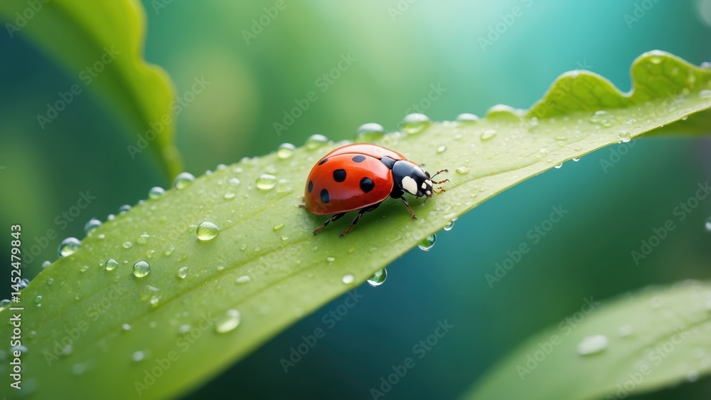 Close-up of a ladybug on a green leaf with water droplets in a natural outdoor setting
