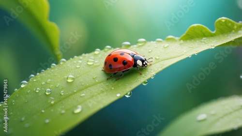 Obraz na płótnie Close-up of a ladybug on a green leaf with water droplets in a natural outdoor setting w salonie