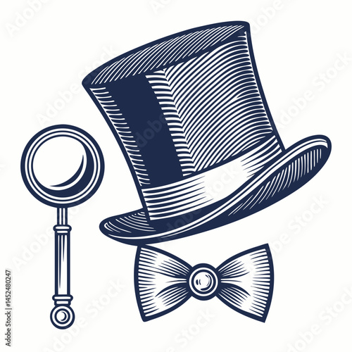 Create a vector illustration of a monocle and top hat, featuring bold, black strokes and a clean, minimalist style.  Ensure high resolution for print.