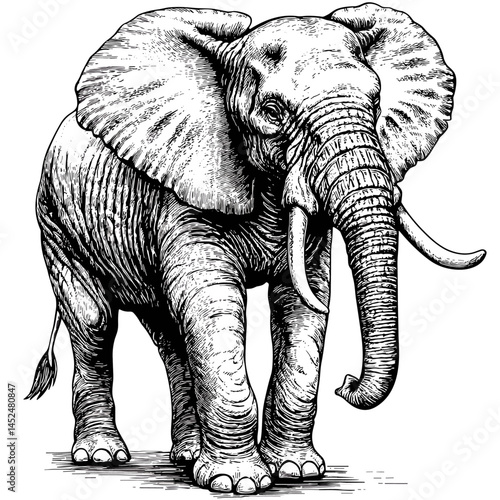 Elephant, vintage, wood block print style, vector illustration, black sketch, old engraving style, antique wildlife art, monochrome elephant drawing, safari animal art, hand drawn engraving,