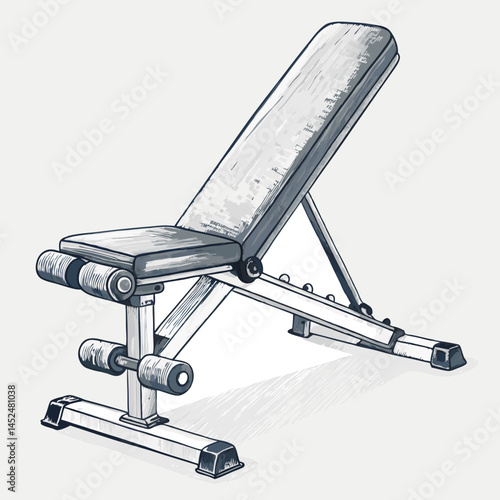 Create a bold vector illustration of an adjustable incline bench, showcasing its mechanism and sturdy construction with thick black outlines.
