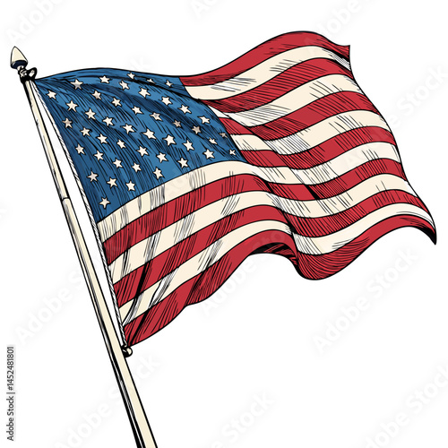 Create a bold, vector illustration of a waving American flag with thick, defined strokes.  Ensure vibrant color and high resolution.