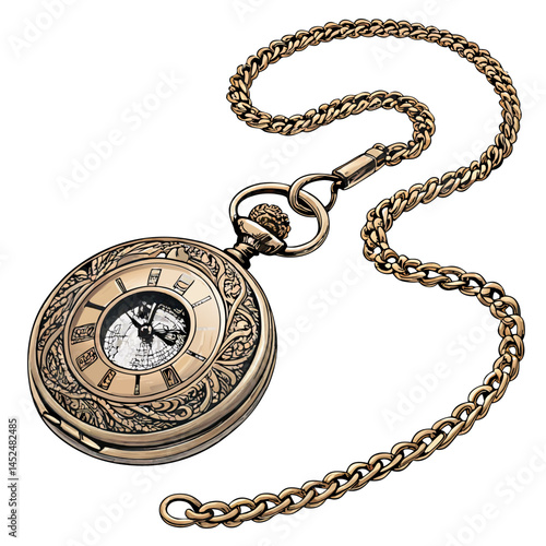 Create a bold, vector illustration of an antique pocket watch with heavy black outlines, emphasizing intricate details like the casing and hands.  High resolution, clean lines.