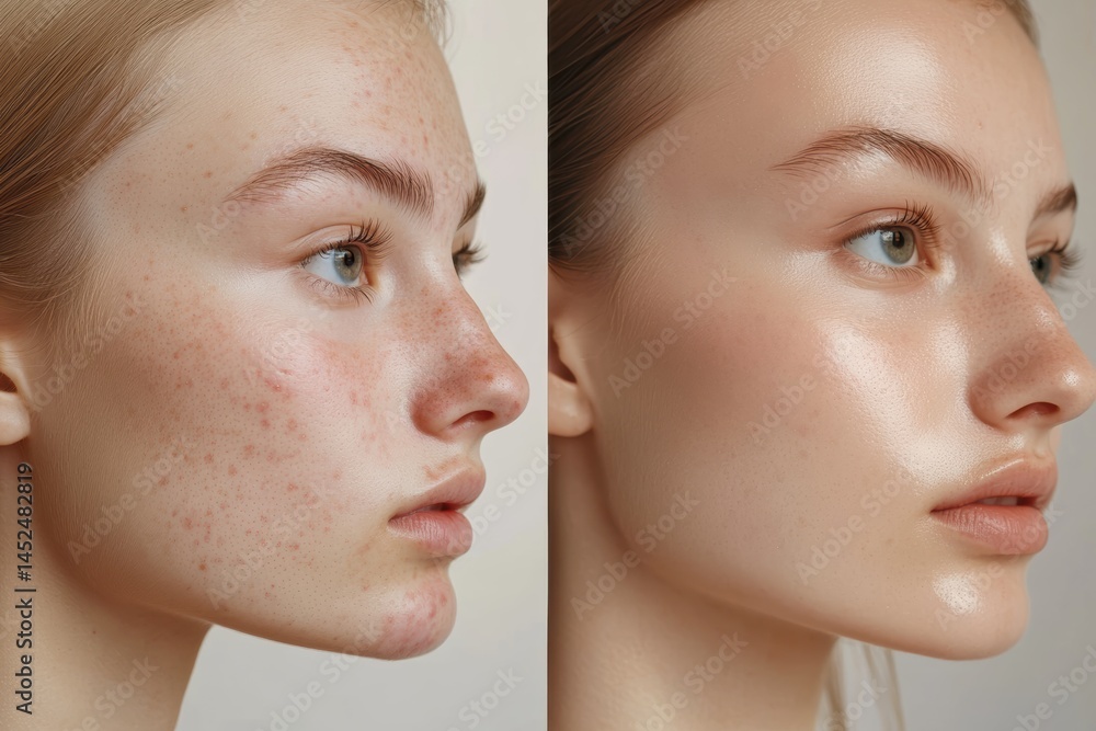 Transformation of skin appearance emphasizing before and after effects of skincare Transformation of skin appearance emphasizing before and after effects of skincare
