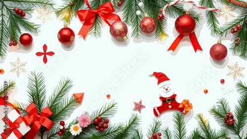 christmas background with fir branches and balls on white