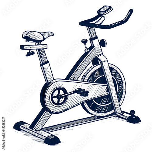 Create a bold, vector illustration of an exercise bike with a thick stroke, suitable for use as a graphic element.  Include only the bike, no background.