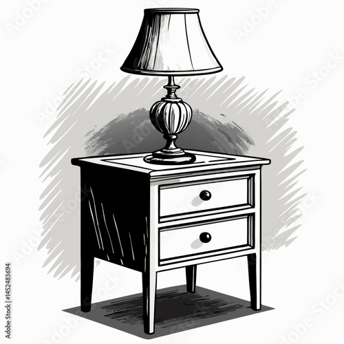 Create a bold, vector illustration of a nightstand with a lamp, emphasizing strong outlines and clean lines.  Include detailed shadowing.
