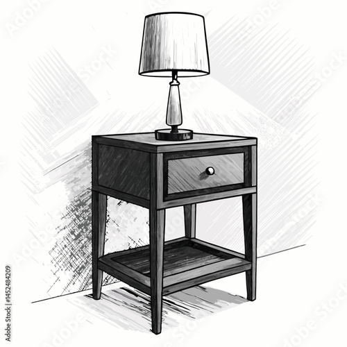 Create a bold vector illustration of a nightstand with a lamp, emphasizing clean lines and strong strokes.  Include realistic shadowing for depth.