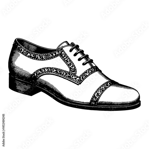Oxford Shoe Isolated with Lace Ornament Detail Black and White Outline Line Art Drawing
