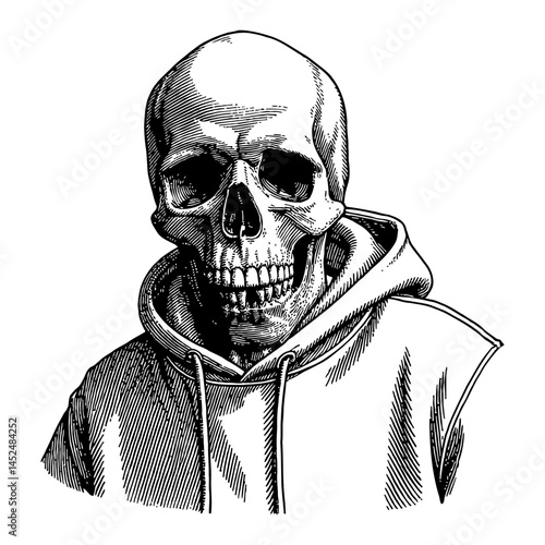 Skull in Hoodie Black and White Outline Line Art Drawing of Human Skeleton with Hoodie Style