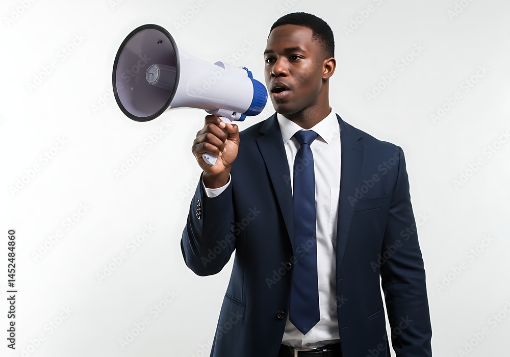 A man in a suit holding a megaphone and speaking with a white background in a studio setting A man in a suit holding a megaphone and speaking with a white background in a studio setting