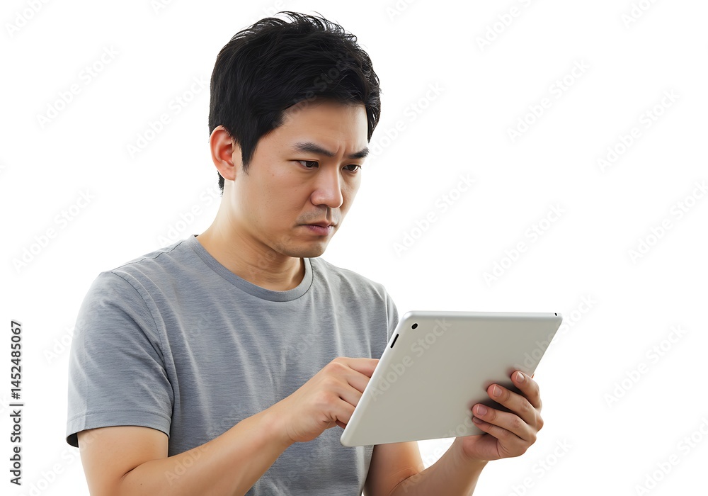 Man looking at a tablet with a serious expression in a gray shirt against a white background indoors Man looking at a tablet with a serious expression in a gray shirt against a white background indoors