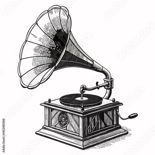 Create a bold, vector illustration of a vintage gramophone with thick, black strokes, emphasizing detailed mechanical elements.  Include a high level of detail and strong contrast.