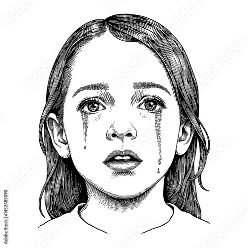 Close Up of An Arab Girl Crying Face With Tears in Black and White Outline Line Art Drawing
