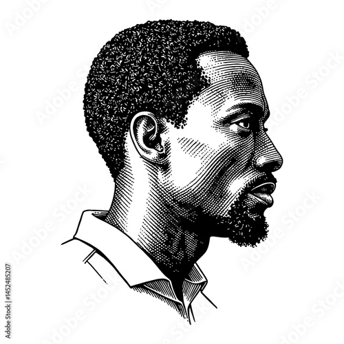 Short Hair African Man Side View Black and White Outline Line Art Drawing Illustration