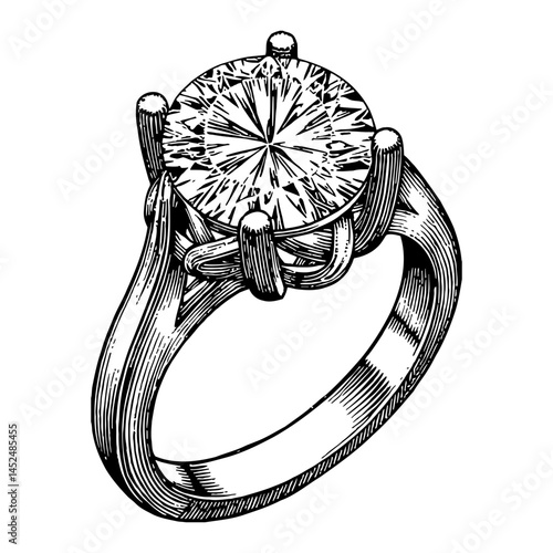 Elegant Diamond Ring Black and White Outline Line Art Drawing Style Fine Jewelry Design