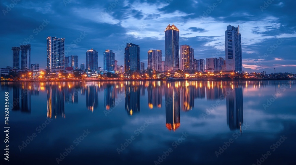 Obraz premium City skyline reflected in calm water at dawn