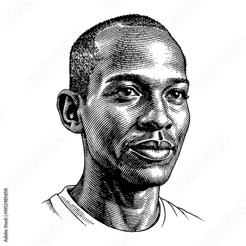 Bald African Young Man Portrait Front View Detailed Black and White Outline Line Art Drawing