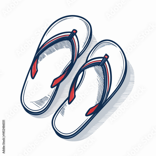 Create a vector illustration of a pair of bold-stroked flip-flops, emphasizing clean lines and strong contrast.  Include detailed straps and footbed.