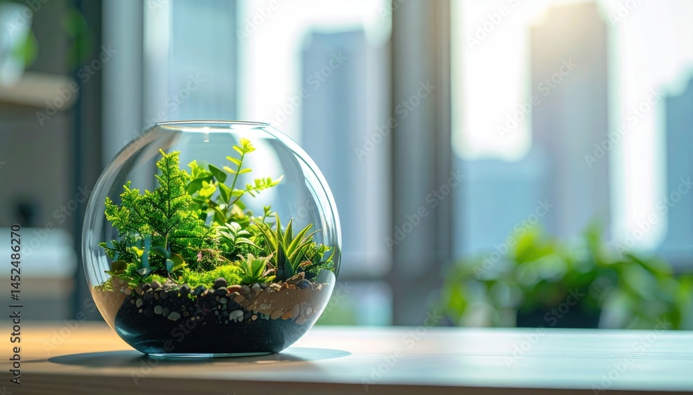Serene Terrarium on Desk: A captivating terrarium, a miniature ecosystem teeming with verdant plant life, sits gracefully atop a sleek wooden desk. Serene Terrarium on Desk: A captivating terrarium, a miniature ecosystem teeming with verdant plant life, sits gracefully atop a sleek wooden desk.