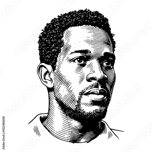 Short Haired African Man Portrait Black and White Outline Line Art Drawing Illustration
