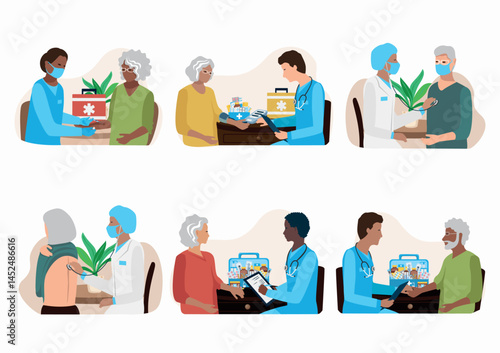 Doctor examines an elderly patient, makes a diagnosis and writes a prescription for medication. Set of vector illustrations of a doctor and a patient.