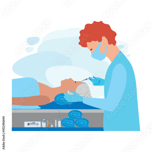 Woman undergoing facial rejuvenation procedure. Facelift and beauty injections. Plastic surgery. Vector illustration.