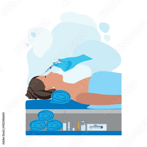 Woman undergoing facial rejuvenation procedure. Facelift and beauty injections. Plastic surgery. Vector illustration.