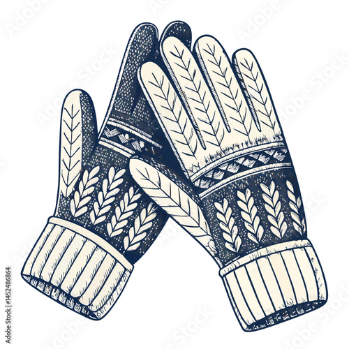 Create a vector illustration of a pair of bold-stroke winter gloves, emphasizing texture and detail.  Include stitching and cuff details.