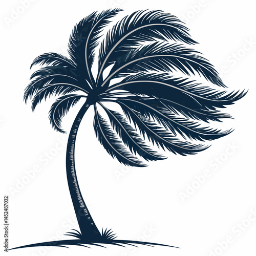 Fotografija Create a bold, vector illustration of a stylized palm tree bending dramatically in a strong wind, emphasizing thick, black outlines