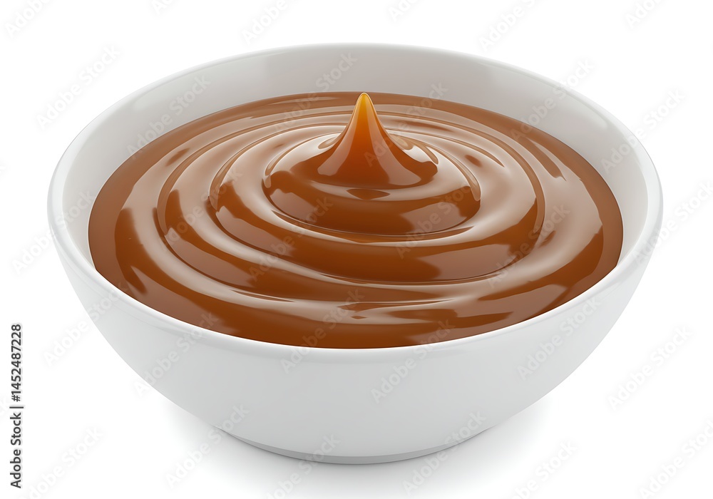 A bowl filled with smooth caramel sauce with a peak in the center on a white background A bowl filled with smooth caramel sauce with a peak in the center on a white background
