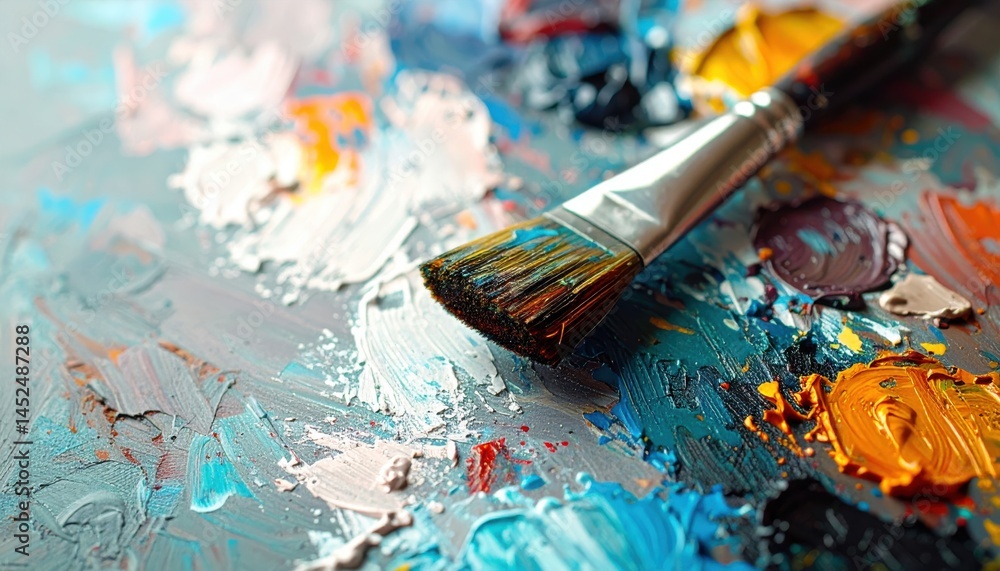 Fototapeta premium Palette and Brush: A vibrant artist's palette brimming with colorful oil paints, with a paint brush, ready to create art.