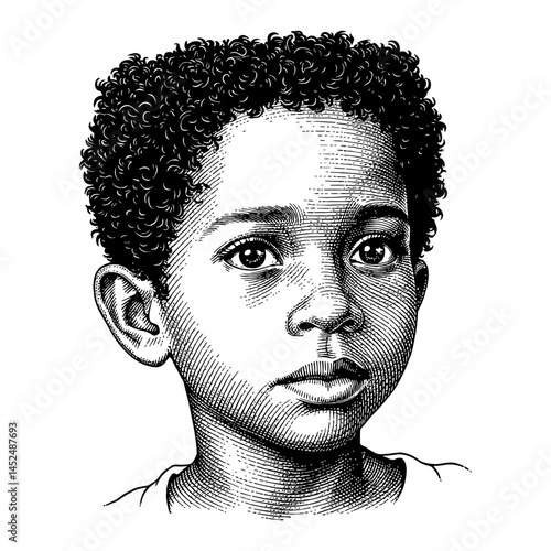 African Boy with Sad Face Portrait Close Up Black and White Outline Line Art Drawing