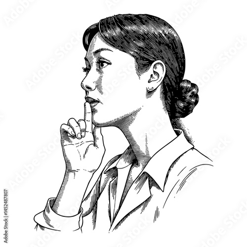 Asian Woman with Finger on Lips Asking to Be Quiet in Black and White Outline Line Art