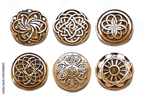 Mandala tattoo icons set. Geometric round stylized ornament of laurel leaves, lotus petal. Harmony, luck, infinity symbol. Black signs. Vector
