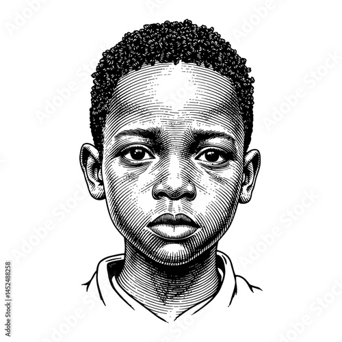 African Boy with Sad Face Front View Black and White Outline Line Art Drawing Illustration