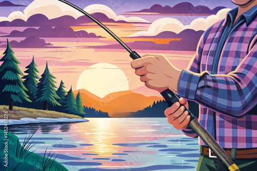 male hands holding fishing rod at dawn, casting line over calm water vector. Peaceful fishing hobby and outdoor recreation concept, ideal for travel, nature, and lifestyle visuals