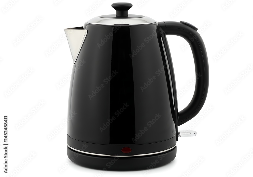 Obraz premium A glossy black electric kettle with a silver spout and lid on a white background in a studio setting