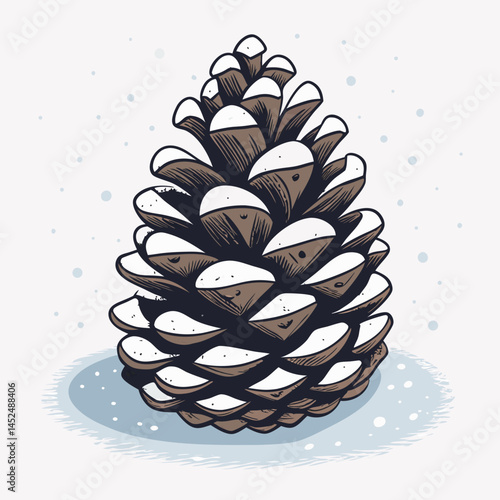 Create a vector illustration of a bold, snow-covered pinecone with thick, black outlines.  Style should be crisp and clean.