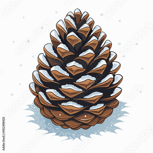 Create a vector illustration of a bold, snow-dusted pinecone with thick black outlines.  High detail, realistic texture.